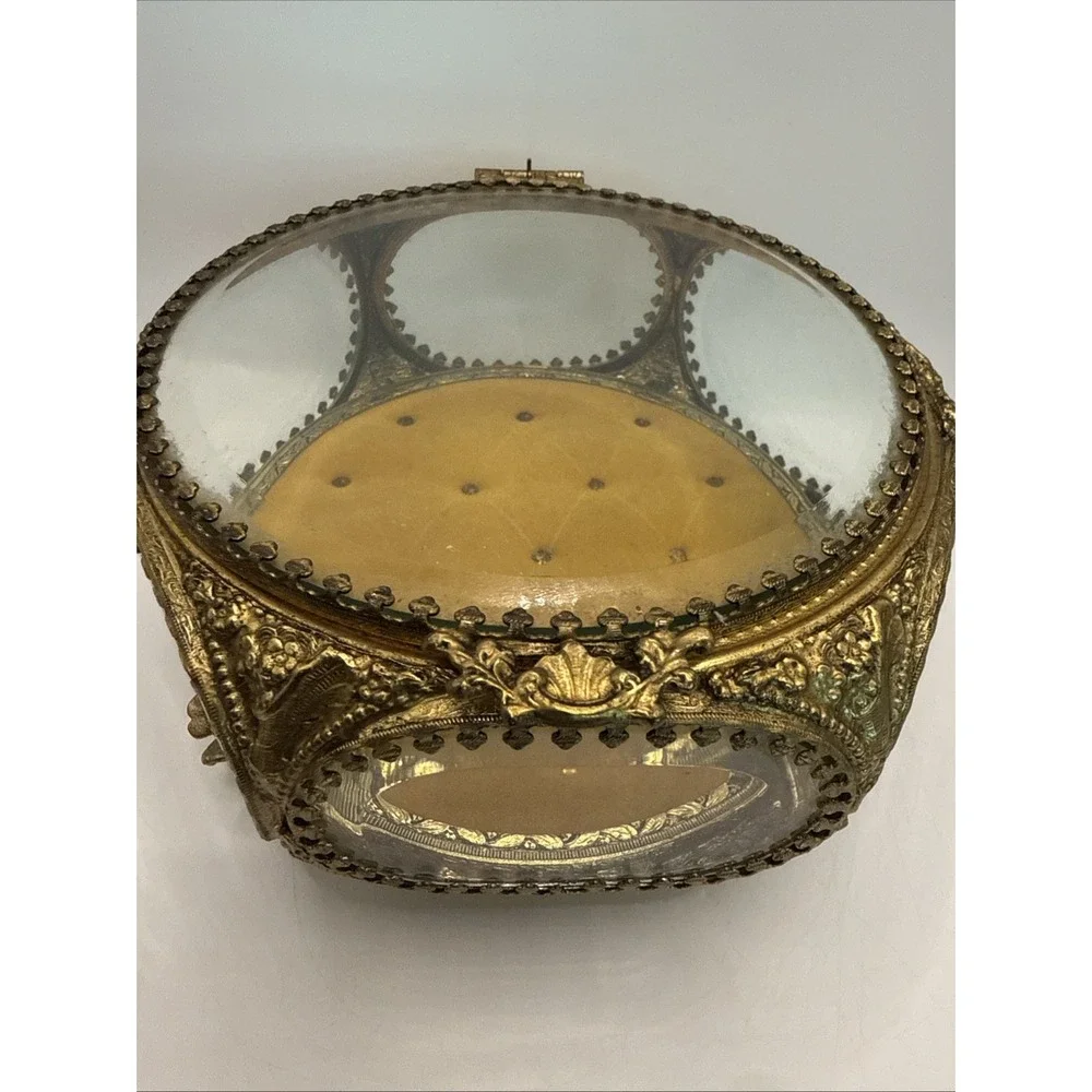 VTG Gold Gilt Ormolu Filigree Floral Bouquet Octagon Casket Trinket Jewelry Box